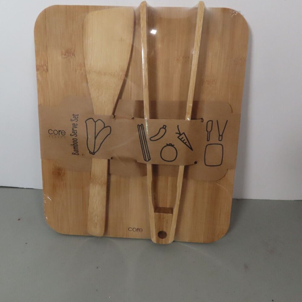 *New* Core Bamboo ~ Bamboo Serve Set ~ Serving Board Spatula Tongs ~ Sealed